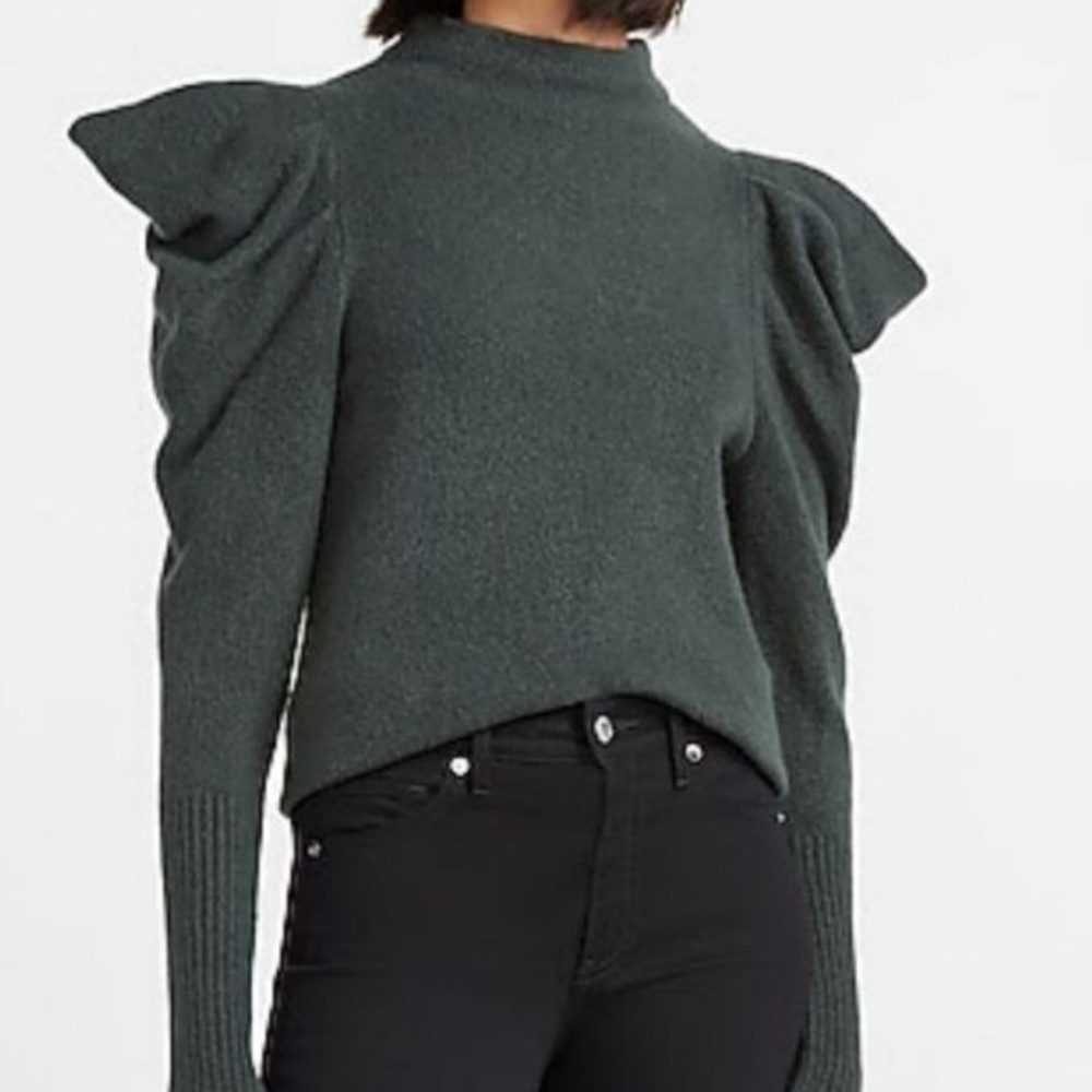 Express Forest Green Mock Neck Puff Sleeve Wool Blend Sweater